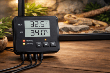 Accessoires de terrarium (thermostat digital) posés sur une table en bois, affichant la température actuelle (32,5 °C) et la température réglée (25 °C). Trois boutons et des voyants lumineux indiquent le chauffage et le refroidissement. En arrière-plan, un terrarium avec un lézard, des roches et des plantes est visible, mettant en contexte l’usage du thermostat pour le contrôle de la température du reptile.
