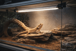 Terrarium moderne en verre avec substrat naturel et roches, reptile diurne en zone de basking sous une lampe UVB linéaire T5 correctement installée, éclairage naturel et sécurisé