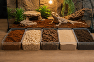 Terrarium pour reptile avec un lézard installé sur un substrat naturel, entouré de roches, branches et plantes. Devant le terrarium, plusieurs bacs présentent différents types de substrats pour reptiles, comme la fibre de coco, les copeaux de bois, l’écorce et le sable, illustrant le choix du substrat adapté pour un terrarium.