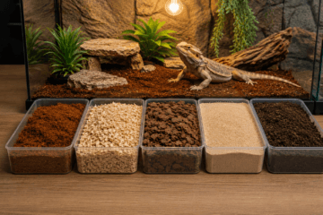 Terrarium pour reptile avec un lézard installé sur un substrat naturel, entouré de roches, branches et plantes. Devant le terrarium, plusieurs bacs présentent différents types de substrats pour reptiles, comme la fibre de coco, les copeaux de bois, l’écorce et le sable, illustrant le choix du substrat adapté pour un terrarium.